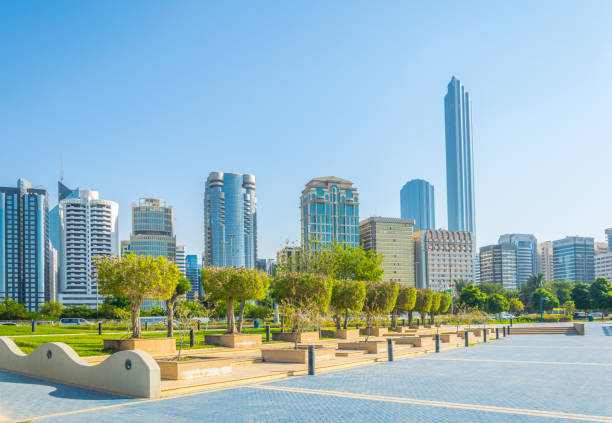 A picture of the Al Markaziyah West buildings, towered by the Landmark Tower, as well as the World Trade Center Abu Dhabi in the back.