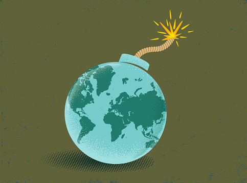 Vector vintage illustration of a bomb with World map. Earth like bomb on vintage backgrounde. Peace.