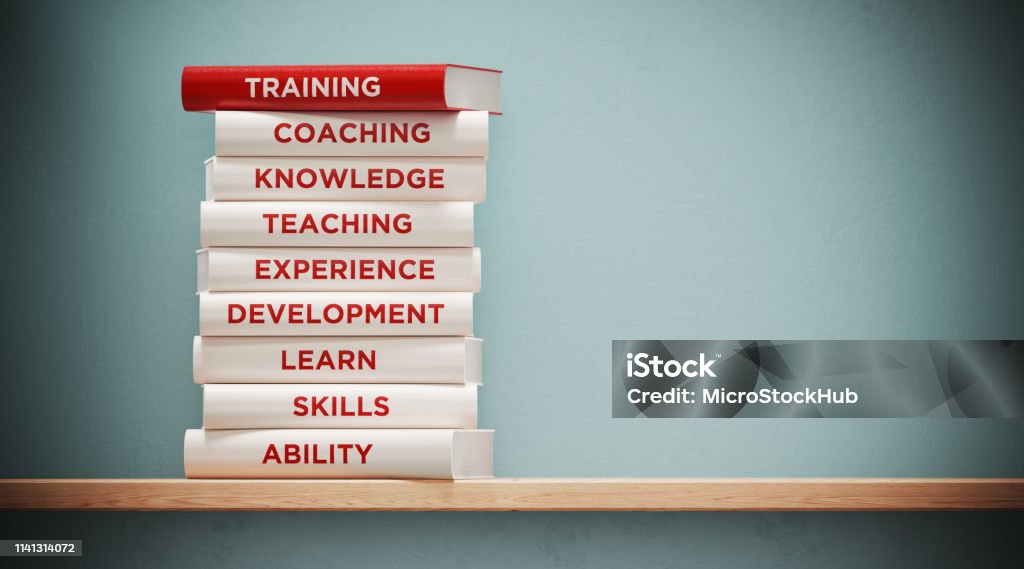 Books of  Training And Development In Front Grey Wall Books of training, development  and skills are sitting on top of each other. The books have unique texts on their spines related to training  subject. Development Stock Photo