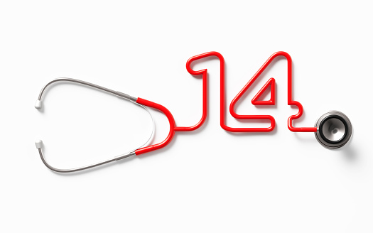 Red stethoscope forming number fourteen shape on white background. Horizontal composition with clipping path and copy space. Directly above. Turkish medicine day concept.