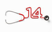 Red Stethoscope Forming A Number Fourteen On White Background