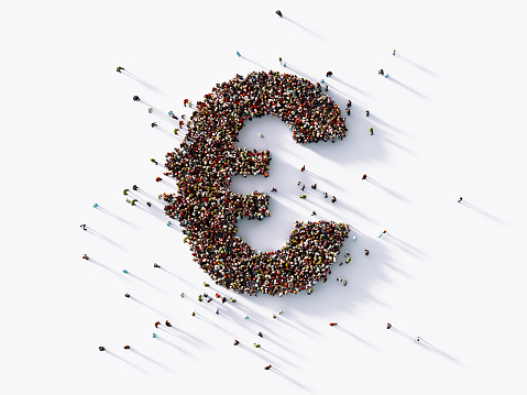 Human crowd forming a Euro currency symbol on white background. Horizontal  composition with copy space. Clipping path is included.