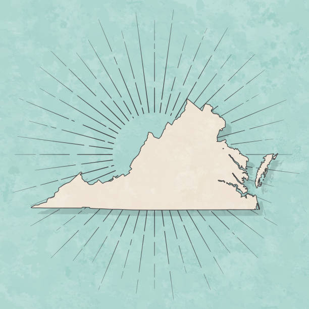 Map of Virginia in a trendy vintage style. Beautiful retro illustration with old textured paper and light rays in the background (colors used: blue, green, beige and black for the outline). Vector Illustration (EPS10, well layered and grouped). Easy to edit, manipulate, resize or colorize.