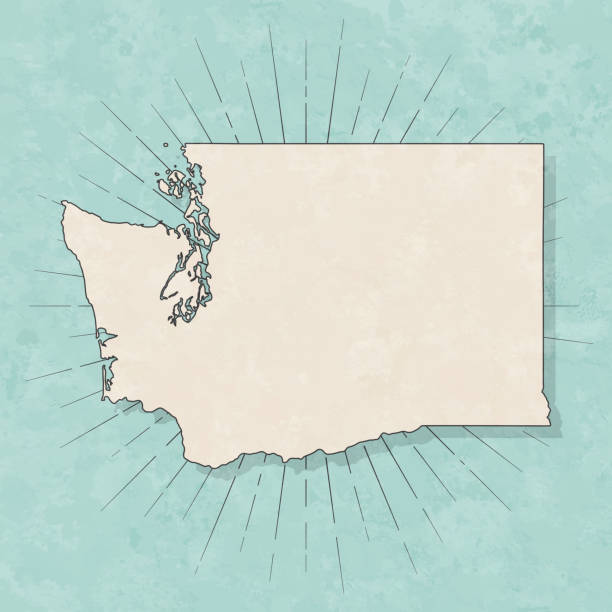 Washington map in retro vintage style - Old textured paper Map of Washington in a trendy vintage style. Beautiful retro illustration with old textured paper and light rays in the background (colors used: blue, green, beige and black for the outline). Vector Illustration (EPS10, well layered and grouped). Easy to edit, manipulate, resize or colorize. washington state line art stock illustrations