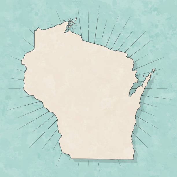 Wisconsin map in retro vintage style - Old textured paper Map of Wisconsin in a trendy vintage style. Beautiful retro illustration with old textured paper and light rays in the background (colors used: blue, green, beige and black for the outline). Vector Illustration (EPS10, well layered and grouped). Easy to edit, manipulate, resize or colorize. wisconsin stock illustrations