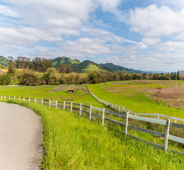 Two white fences go down hill separating to form a pasture with a horse coral and small building for horses. A road is to the left. A field is the right and hills, trees and houses are in the distance