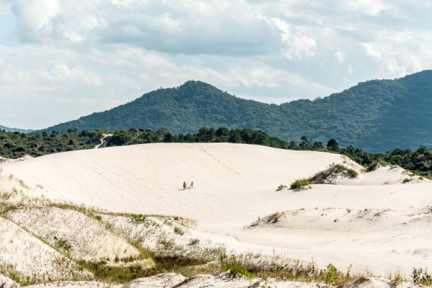 A man and a woman on a sand mountain on a dunes area in Joaquina Beach. 2019, January. Florianopolis, Brazil. A man and a woman on a sand mountain on a dunes area in Joaquina Beach. joaquina beach in florianopolis santa catarina brazil stock pictures, royalty-free photos & images
