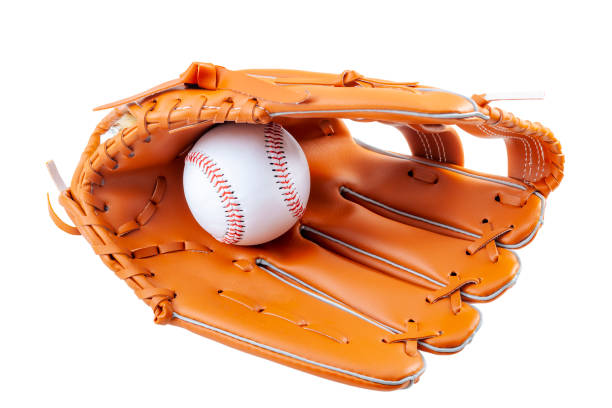 america s pastime, sporting equipment and american sports concept with a new generic baseball glove and holding a ball isolated on white background with a clip path cutout - catching horizontal nobody baseballs imagens e fotografias de stock