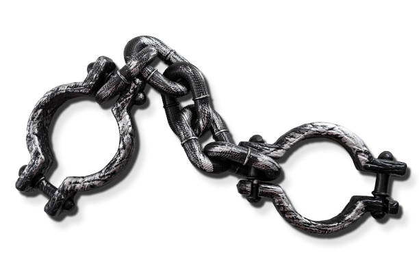Slavery and bondage concept with strong steel shackles isolated on white background with a clip path cutout Slavery and bondage concept with strong steel shackles isolated on white background with a clipping path cut out slavery stock pictures, royalty-free photos & images