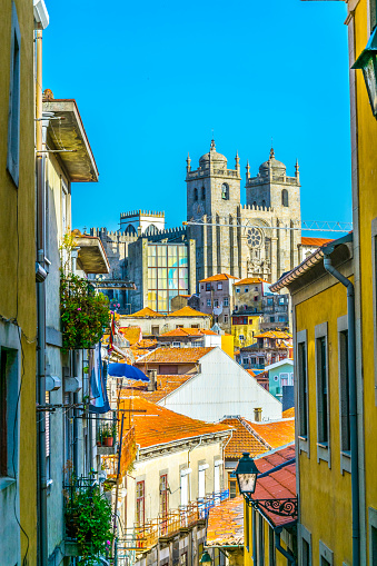 Aerial view of Porto capturing the cathedral and colourful facades