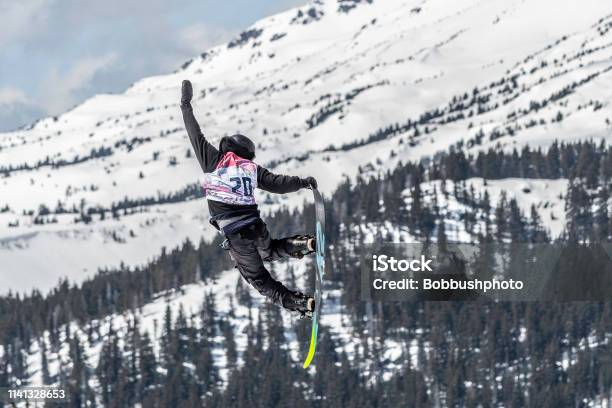 Big Air Snow Boarder Competing At Mount Bachelor In Oregon Stock Photo - Download Image Now