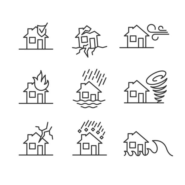 Natural disasters line style symbols. Accidents with house icons set. Natural disasters line style symbols. Accidents with house icons set. House insurance cases signs. Editable stroke width. flooded home stock illustrations