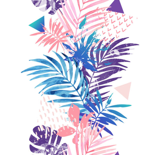 Creative seamless pattern inspired by summer holidays Modern illustration with watercolor tropical leaves, grunge textures, doodles, geometric, minimal elements. Creative seamless pattern inspired by summer holidays. Abstract vector art background abstract triangle shaped background multicolored plant leaves stock illustrations