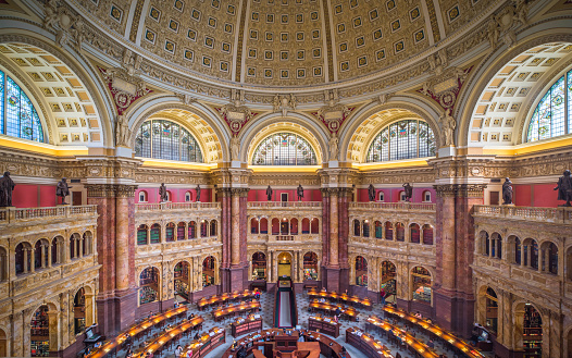 Washington DC, US - April 6, 2019: Interior of the Library of Congress (Capitol Hill) Reading room. Library of congress - the largest library in a world