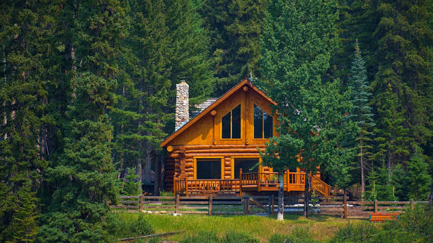 holzhaus, das in der nähe von seen und flüssen zu finden ist. rocky mountain (canadian rockies). porträt, bildende kunst. in der nähe der stadt calgary. jasper and banff national park, alberta, kanada: 2. august 2018 - cabin stock-fotos und bilder