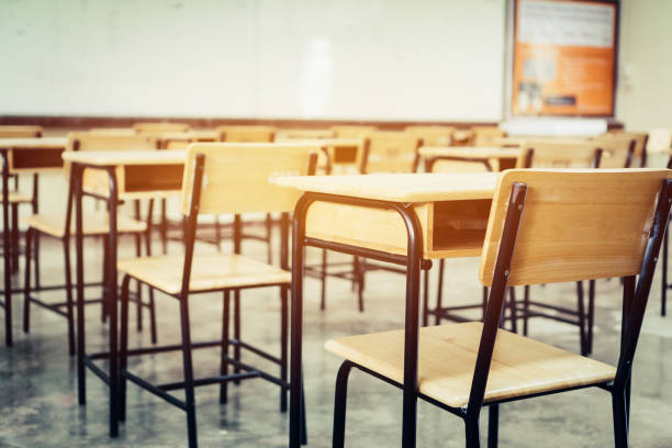 istock School empty classroom, Lecture room with desks and chairs iron wood for studying lessons in highschool thailand without young student, interior of secondary education with whiteboard 1141338001