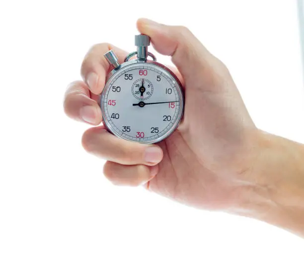 Woman hand holding stopwatch on white background.