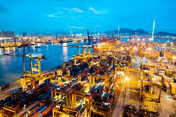 istock Container ship in the harbor at dusk 1141342305