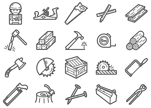 There is a set of Icons about carpenter and related tools in style of clip art.