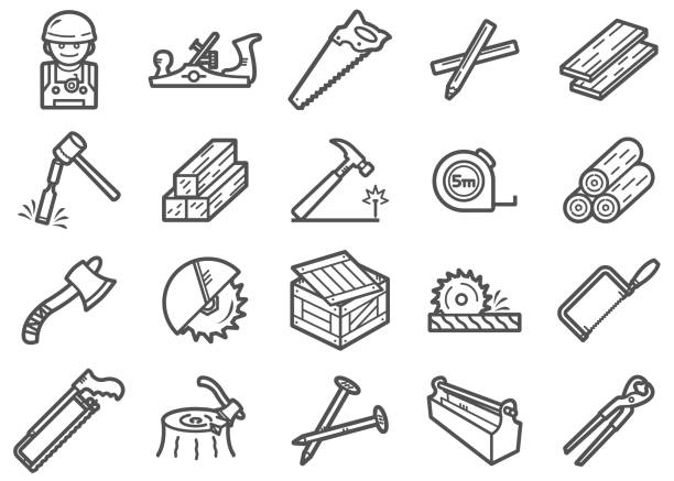 Carpenter Line Icons Set There is a set of Icons about carpenter and related tools in style of clip art. wood box stock illustrations