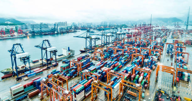 istock Container ship in the harbor at dusk 1141343306