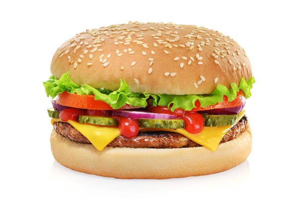 고전적인 치즈 버거에 고립 된에 화이트 - cheeseburger 뉴스 사진 이미지