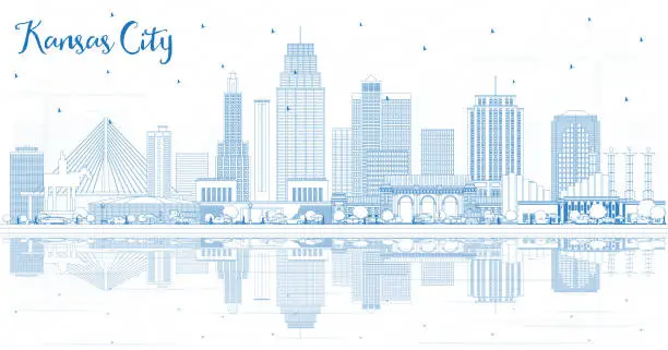 Vector illustration of Outline Kansas City Missouri Skyline with Blue Buildings and Reflections.