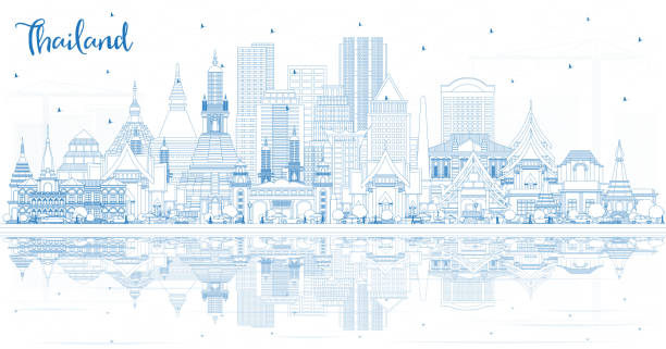 ilustrações de stock, clip art, desenhos animados e ícones de outline thailand city skyline with blue buildings and reflections. - tailandia