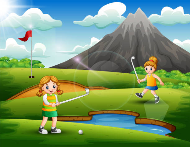 illustrations, cliparts, dessins animés et icônes de filles mignonnes jouant au golf dans la cour - golf child sport humor