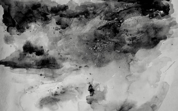 Black watercolor on paper. Abstract clouds.