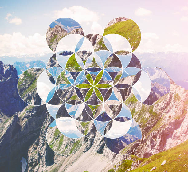 collage with the mountains and the symbol flower of life - eternity spirituality landscape rock imagens e fotografias de stock