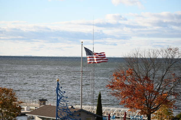 American flag over Lake Michigan