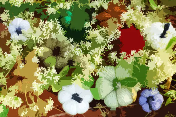 Beautiful painting of colorful pumpkins in garden make from use filter effect on real photo, group of handmade product from knit art on white tiny flowers in nature scene make artistic background