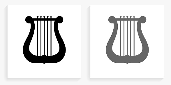 Musical Harp Black and White Square Icon. This 100% royalty free vector illustration is featuring the square button with a drop shadow and the main icon is depicted in black and in grey for a roll-over effect.
