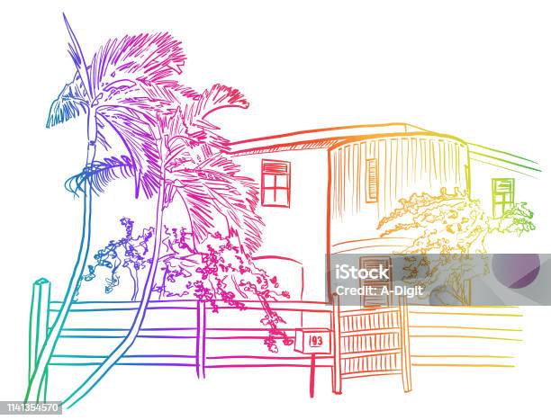 Carribean House Rainbow Stock Illustration - Download Image Now - Duplex, Architecture, Blue