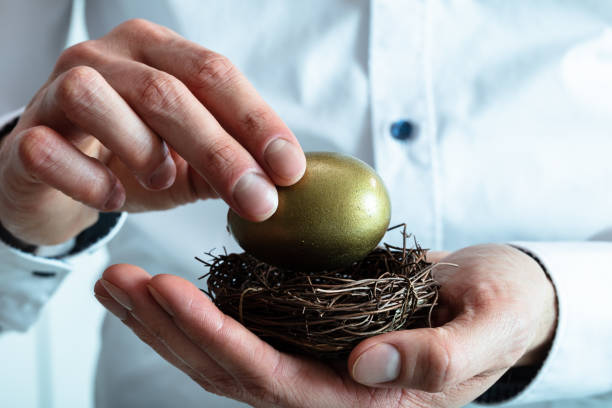 istock Man's Hand Putting Golden Egg Into Nest 1141354639