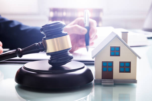 house model with gavel in front of a businessperson - bidder imagens e fotografias de stock