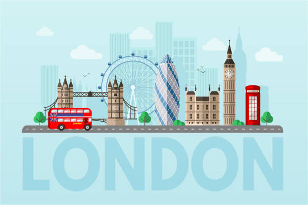 London cityscape flat vector color illustration London cityscape blue flat vector illustration. Great Britain tourist attractions cliparts. World famous UK architectural landmarks. Big ben, London Eye, double decker bus. England sightseeing tour travel clipart stock illustrations