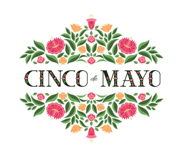3 월 5 일, 국경일, 삽화 벡터. 전통적인 멕시코 자 수에서 꽃 패턴으로 꽃 배경 - 스페인어 일러스트 stock illustrations