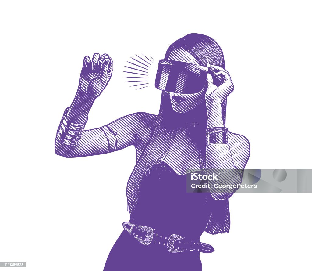 Beautiful young woman using virtual reality headset Engraving vector of a Beautiful young woman using virtual reality headset Gamer stock vector
