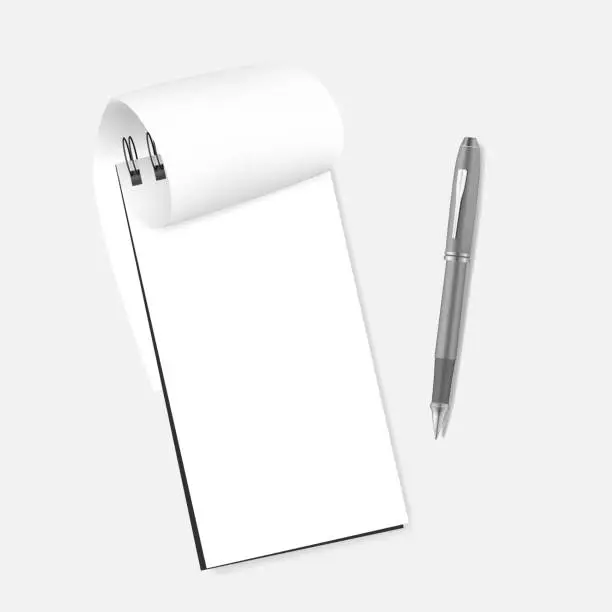 Vector illustration of Spiral blank reporter notebook with bent page and pen, realistic mockup