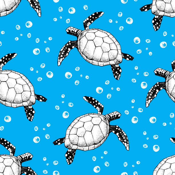 istock Seamless pattern with Hand drawn sea turtles. Vector with animal underwater. Illustration for wallpaper, web page background, surface textures, textile 1141361460
