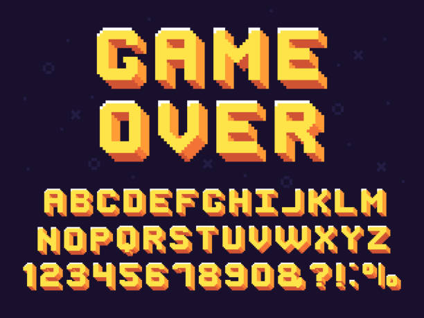 Pixel game font. Retro games text, 90s gaming alphabet and 8 bit computer graphic letters vector set Pixel game font. Retro games text, 90s gaming alphabet and 8 bit computer graphic letters. Pixelated typeface letter, arcade game 8 bit pixel text and numbers retro vector symbols set typing illustrations stock illustrations