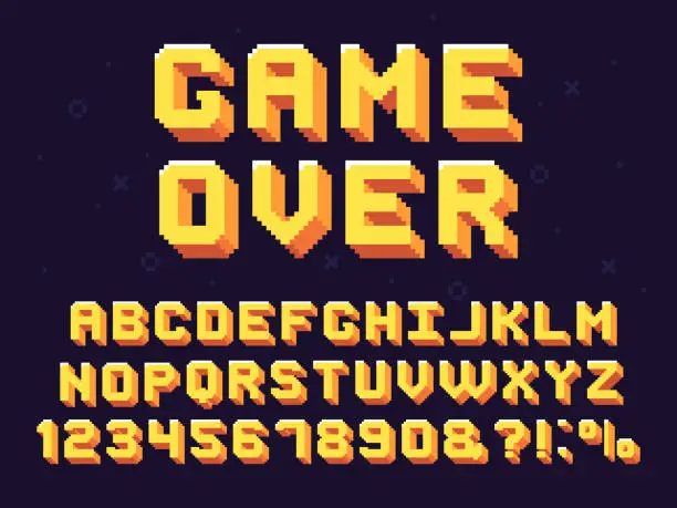 Vector illustration of Pixel game font. Retro games text, 90s gaming alphabet and 8 bit computer graphic letters vector set