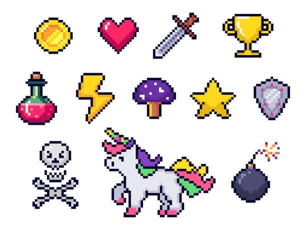 Pixel game items. Retro 8 bit games art, pixelated heart and star icon. Gaming pixels icons vector set Pixel game items. Retro 8 bit games art, pixelated heart and star icon. Gaming pixels, arcade pixelation game unicorn, bomb and coin. Colorful isolated icons vector set video game stock illustrations