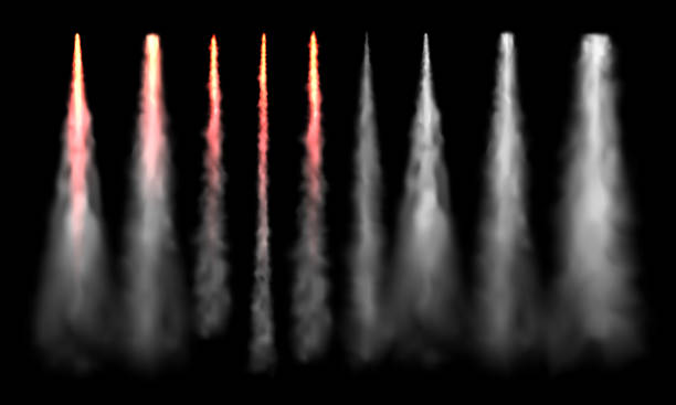 ilustraciones, imágenes clip art, dibujos animados e iconos de stock de circuitos de cohetes. space rocket lanzamiento humo, avión jets pista y avión de humo de la nube de vectores realista conjunto - jet