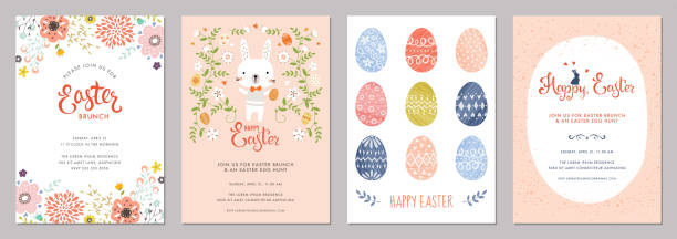 Easter Party Cards Set_08 Vector Easter Party Invitations and Greeting Cards with eggs, flowers and typographic design on the textured background. easter drawings stock illustrations