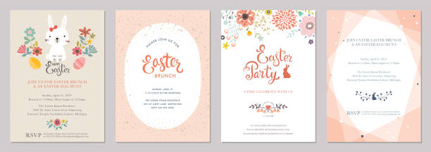 Easter Party Cards Set_04 Happy Easter templates with eggs, flowers, rabbit and typographic design. lunch borders stock illustrations