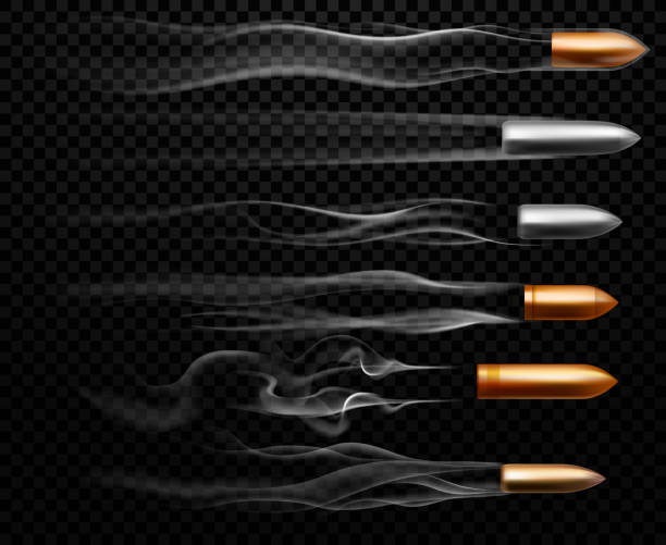 ilustraciones, imágenes clip art, dibujos animados e iconos de stock de huellas de balas voladoras. disparando balas militares rastro de humo, pistas de tiro de arma de fuego y realista tiro dibujo vector ilustración conjunto - cobrizo oscuro