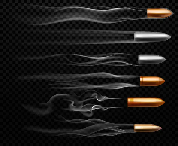 Vector illustration of Flying bullet traces. Shooting military bullets smoke trace, handgun shoot trails and realistic shoot trail vector illustration set